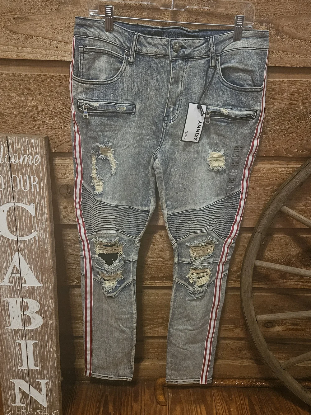 Rue21 Men's Light Blue Distressed Skinny Jeans with Red Side Stripe